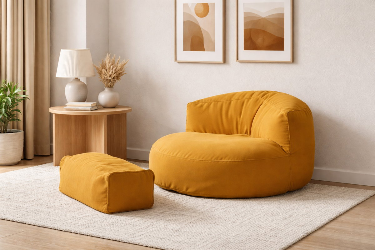 Mila Modell Yellow Puff &amp; Bean Bag Relax Armchair &amp; Foot Pouf