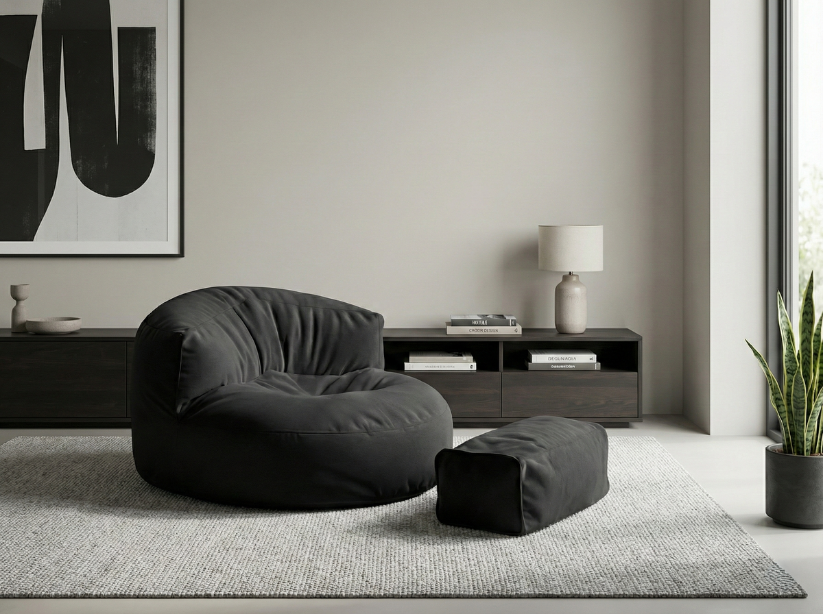 Mila Modell Black Puff &amp; Bean Bag Relax Armchair &amp; Foot Pouf