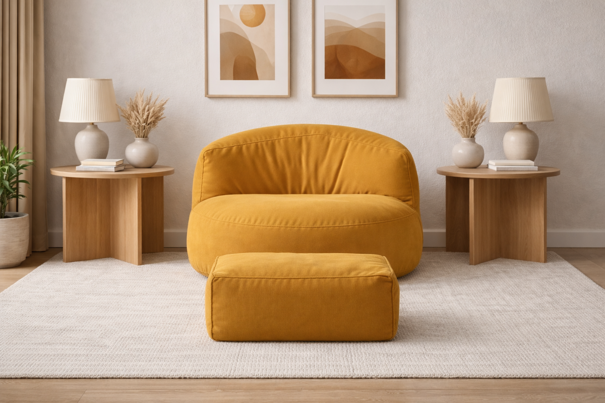 Mila Modell Yellow Puff &amp; Bean Bag Relax Armchair &amp; Foot Pouf