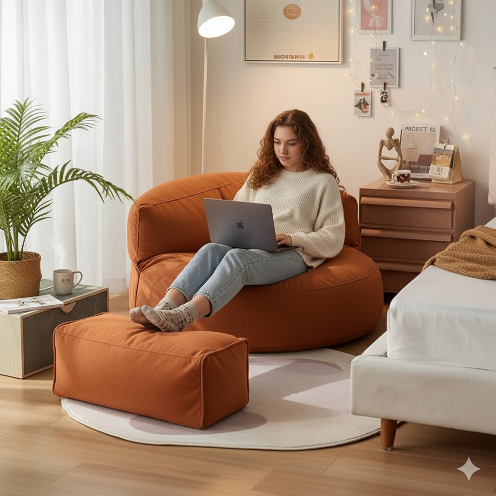 Mila Modell Turuncu Kiremit Puff & Armut Koltuk Relax Koltuk & Ayak Puflu