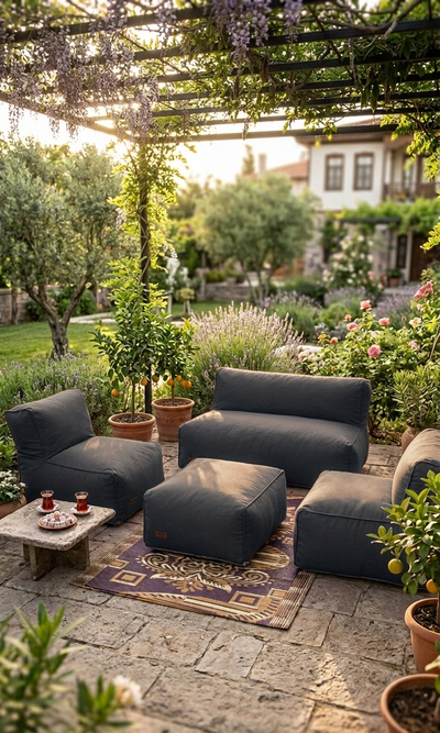 Velvet Serisi Armut Bahçe Mobilyası, Balkon Takımı  Su Geçirmez Kumaş 2+1+1 + Puf