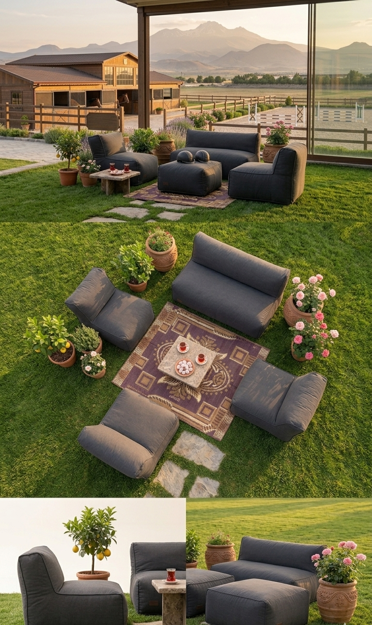 Velvet Serisi Armut Bahçe Mobilyası, Balkon Takımı  Su Geçirmez Kumaş 2+1+1 + Puf