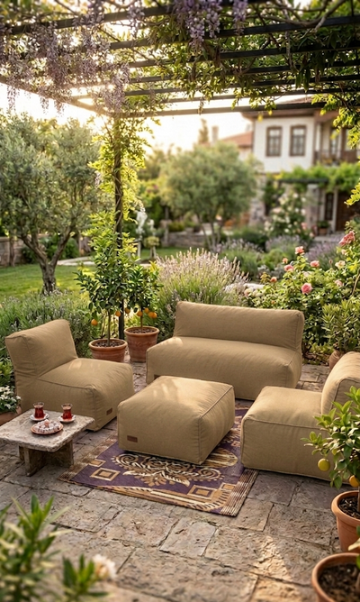 Velvet Serisi Armut Bahçe Mobilyası, Balkon Takımı  Su Geçirmez Kumaş 2+1+1 + Puf