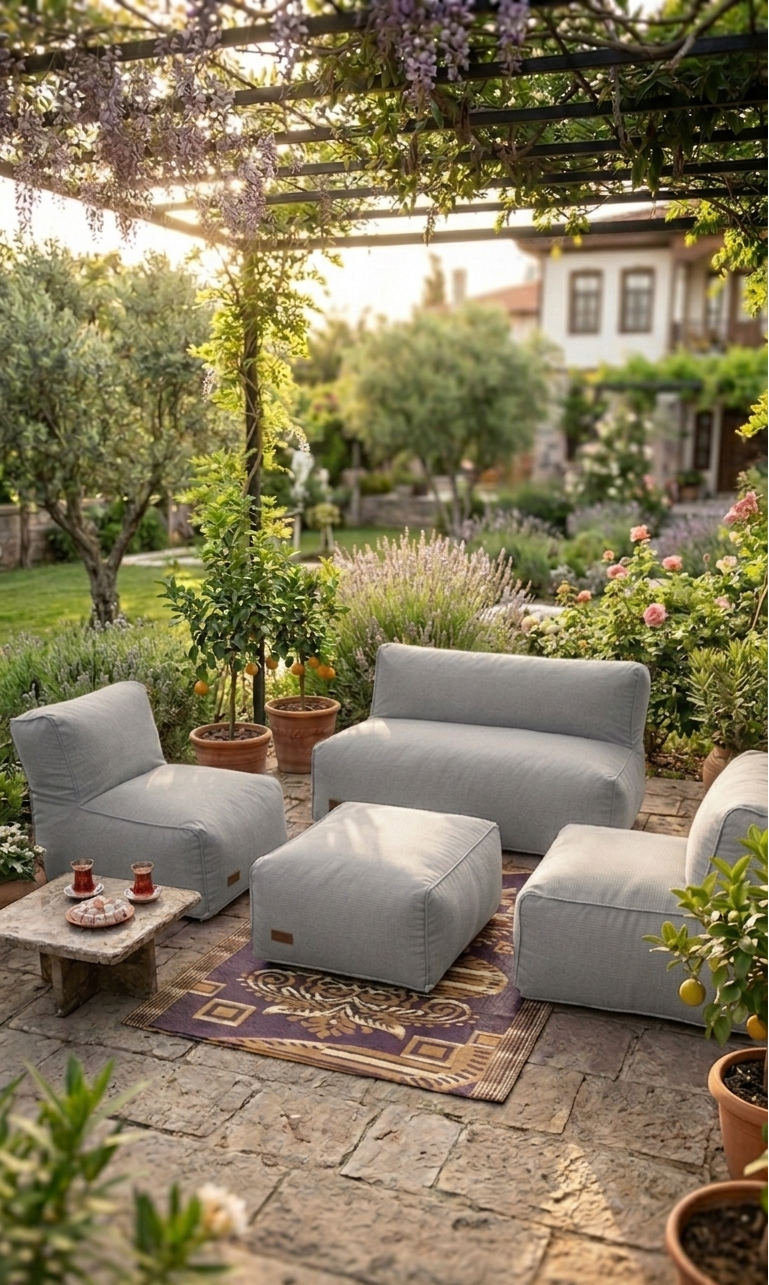 Velvet Serisi Armut Bahçe Mobilyası, Balkon Takımı  Su Geçirmez Kumaş 2+1+1 + Puf