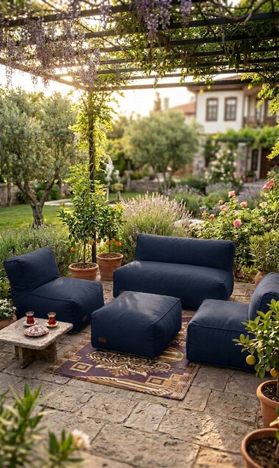 Velvet Serisi Armut Bahçe Mobilyası, Balkon Takımı  Su Geçirmez Kumaş 2+1+1 + Puf