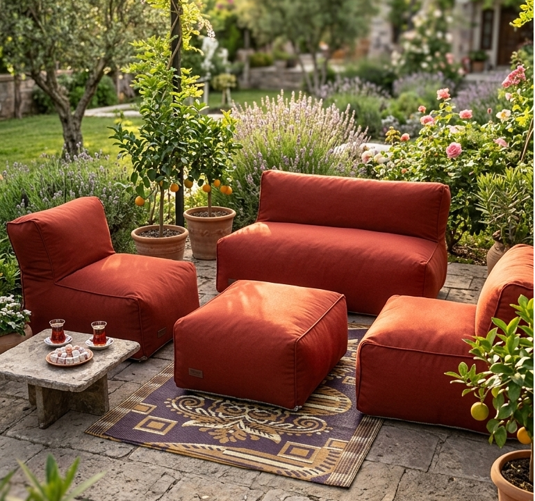 Velvet Serisi Armut Bahçe Mobilyası, Balkon Takımı  Su Geçirmez Kumaş 2+1+1 + Puf